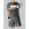 Geometric Color Block Kids Sport Suit Short Sleeve Tee and Shorts 2-Piece Set Green Casual Summer Clothes for Boys