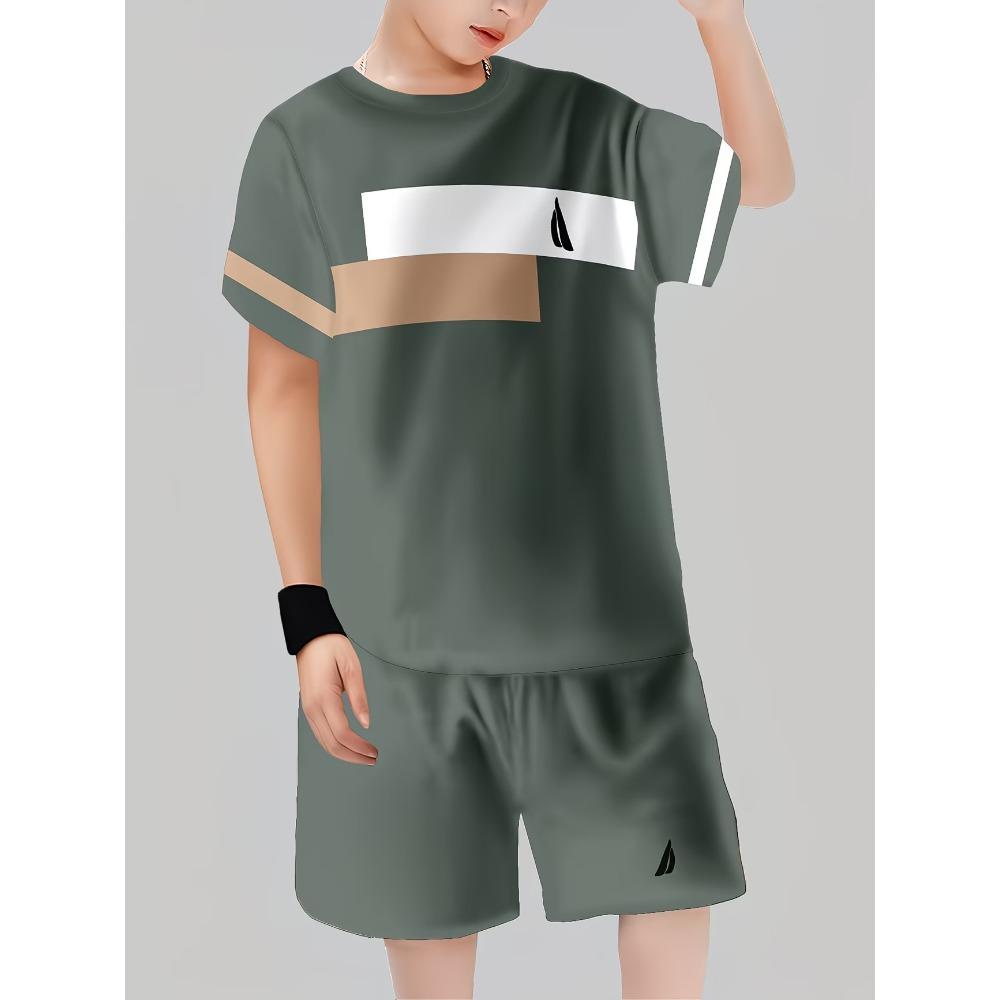 Geometric Color Block Kids Sport Suit Short Sleeve Tee and Shorts 2-Piece Set Green Casual Summer Clothes for Boys