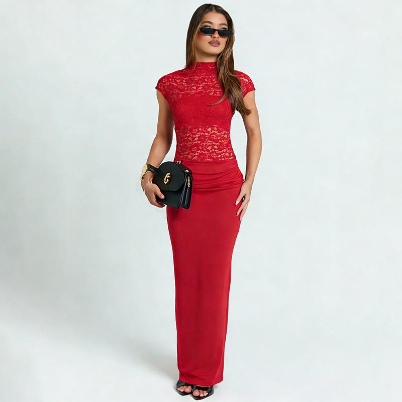 Autumn/Winter Women's Sexy Slim Lace High Neck Back Slit Dress