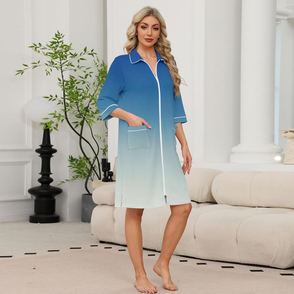 Women's Zip Front Lightweight Robe with Pockets - 3/4 Sleeve Knee Length Bathrobe and Loungewear