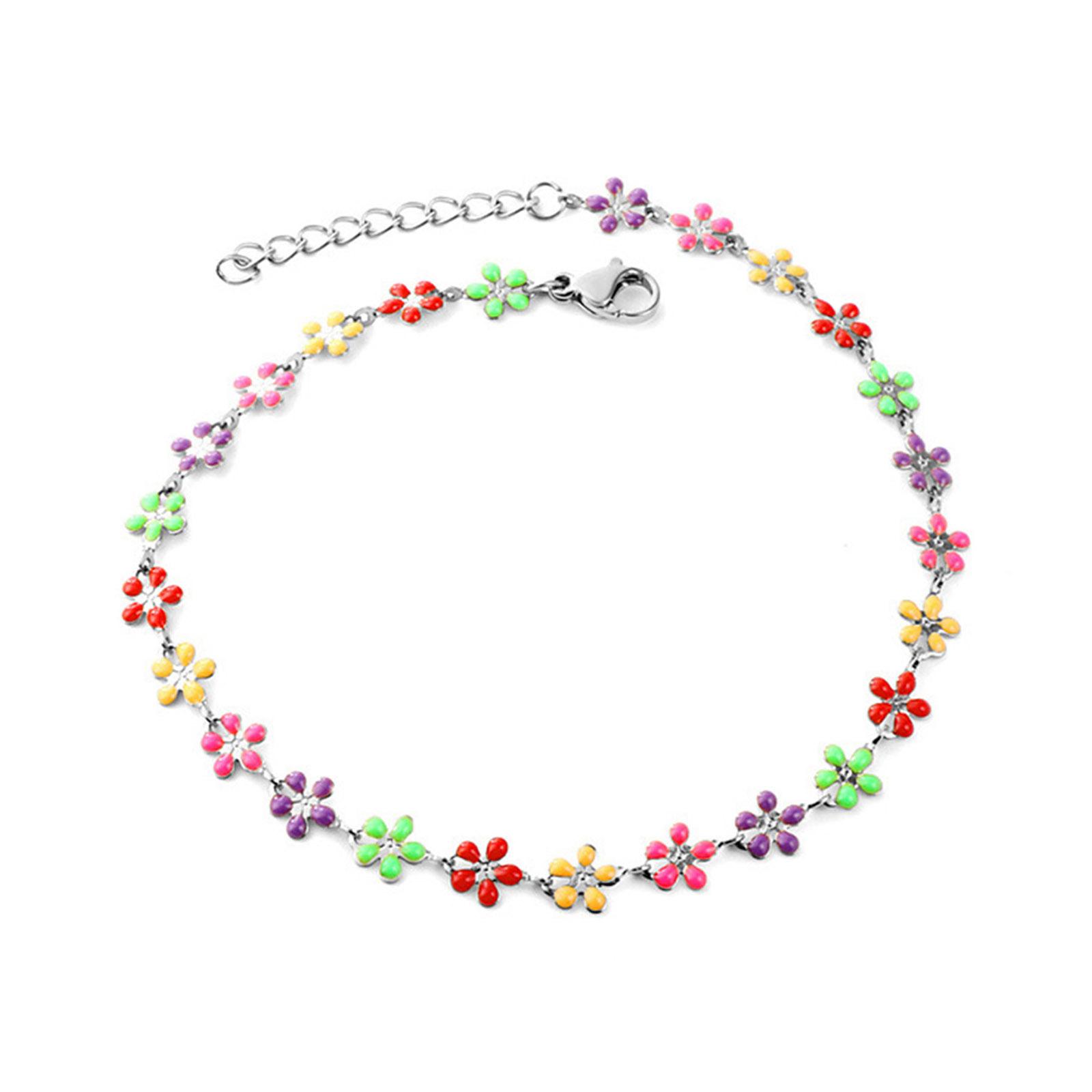 

304 Stainless Steel Anklet Multicolor Enamel Evil Eye Flower Charms For Women On Foot Ankle Sandals Barefoot 22cm(8 5/8 ) Long