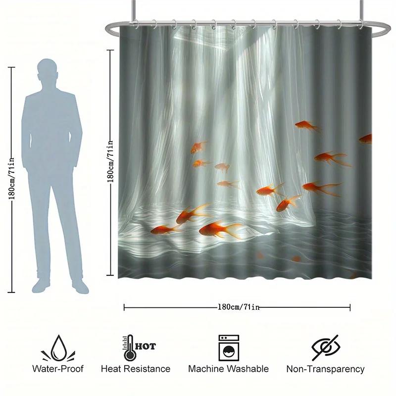 Sada sprchového závěsu s plovoucími zlatými rybkami, Umělecký efekt, Minimalistický styl, 12 háčků, Polyester, Dělící prvek do vany, Moderní koupelnová dekorace