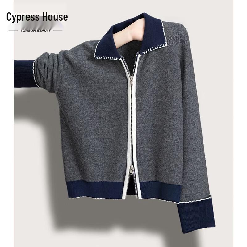 Women s Color-Block Lapel Zip-Up Cardigan L