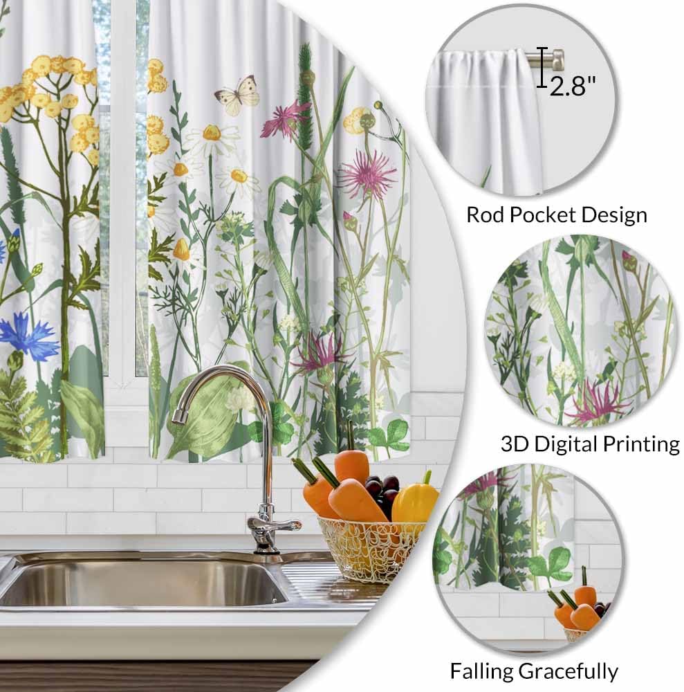 Colorful Flowers Kitchen Curtains Herbs Plants Butterfly Dragonfly Grass Short Tier Bathroom Cafe Small Window Drap Curtain Polyester Washable Ready