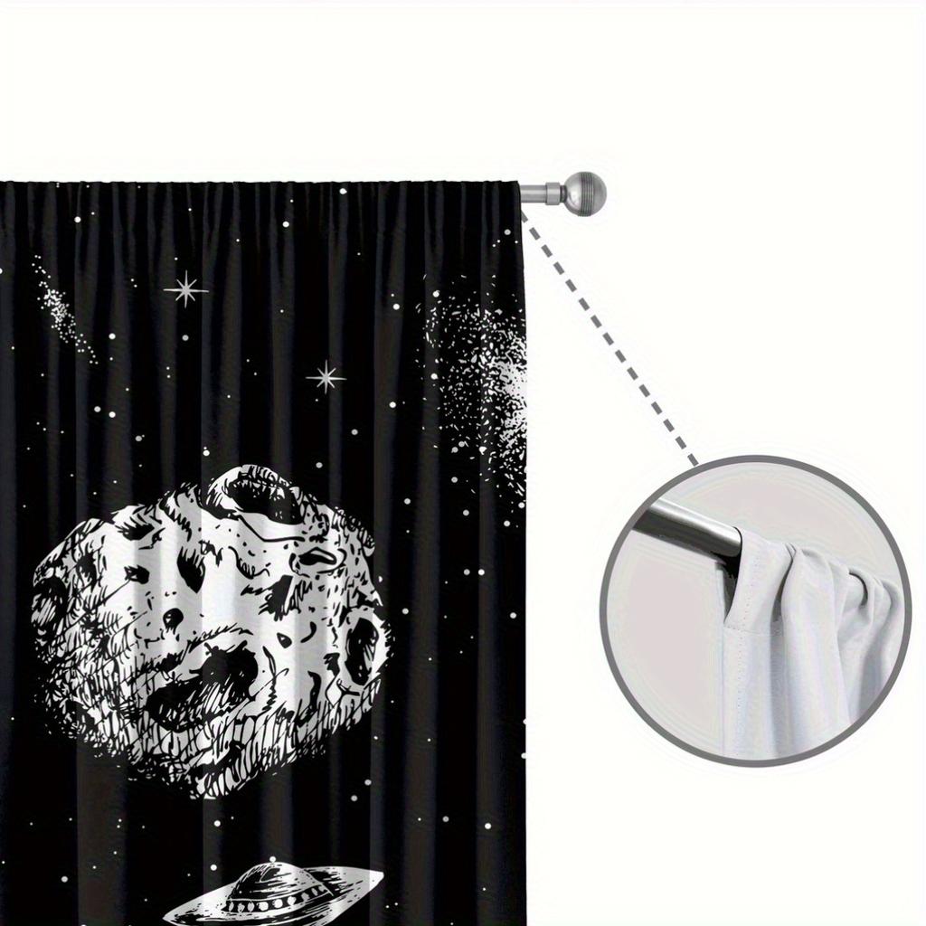 2pc Cosmic black and white planet star pattern curtains   polyester fabric machine washable   suitable for bedroom and living room