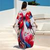 EDOLYNSA 2024 Women's Plus Size Kaftan Beach Maxi Dress Red Butterfly Printed Turkish Robe Summer Holiday Beachwear Bathing Suit Cover Up Q1588