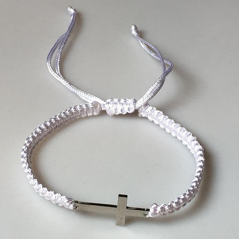 Simple Cross Black White Braided Rope Couple Bracelets Copper Color Adjustable Bracelet Christian Zircon