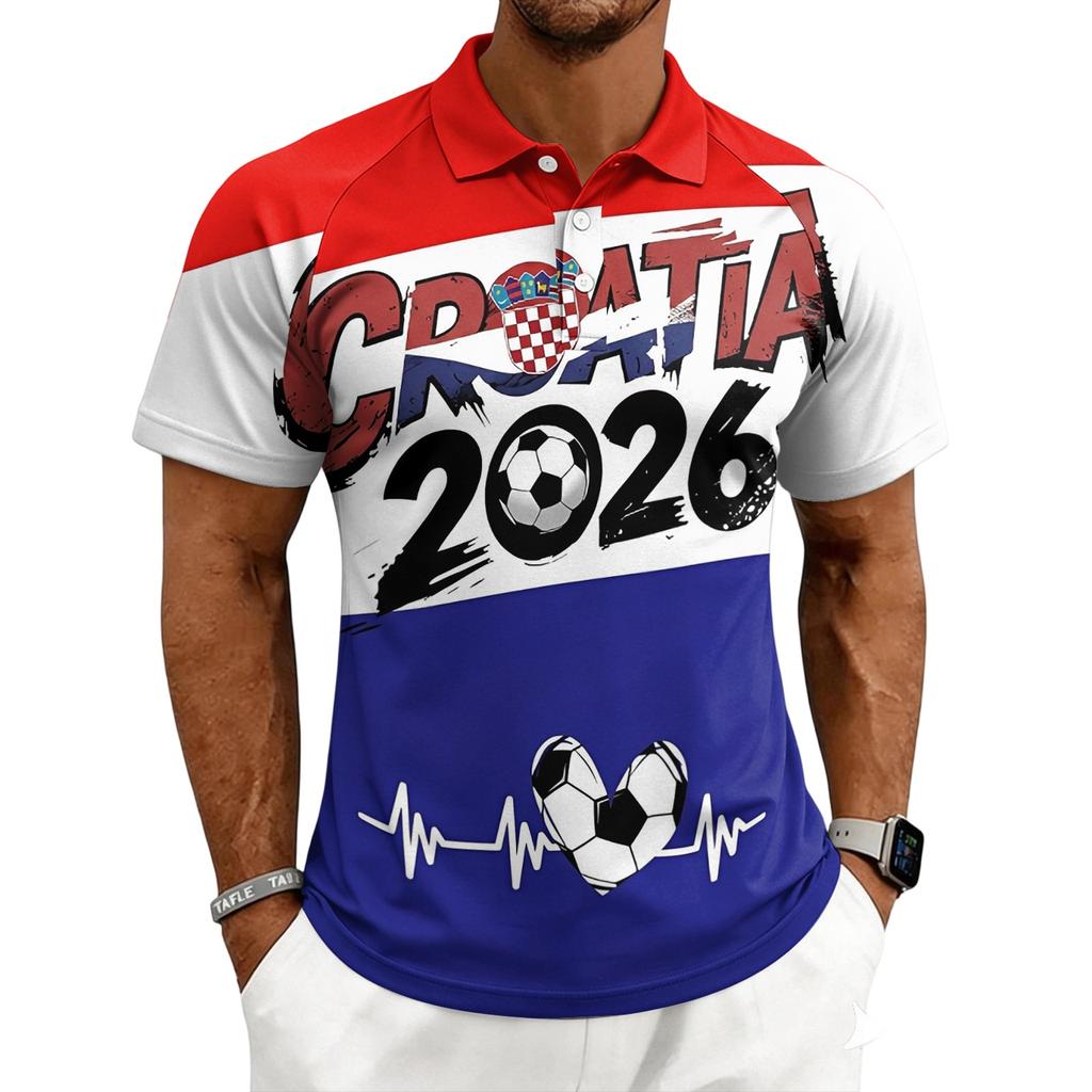 Men’s World Football Series Casual Printed Polo Shirt Button Down Short Sleeve Top with Graphic Lettering Design 2026