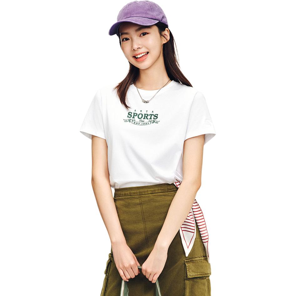 Anta Comfortable Casual Simple Letter Versatile Short Sleeve T-Shirt Women Tops Snow-White 162538113-1