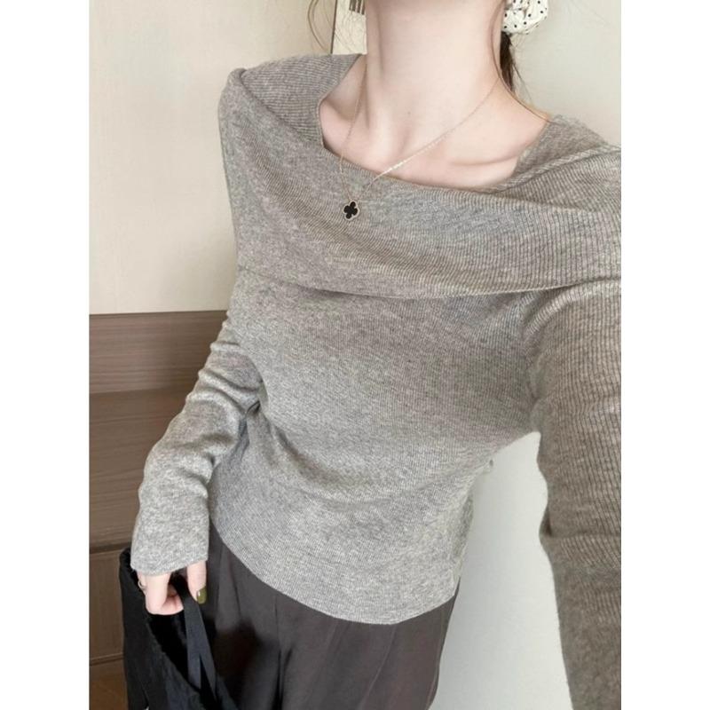 Gentle and Lazy Wind One-word Neck Sweater Bottoming Shirt Women's Spring Thin Age-reducing Long-sleeved Inner Top