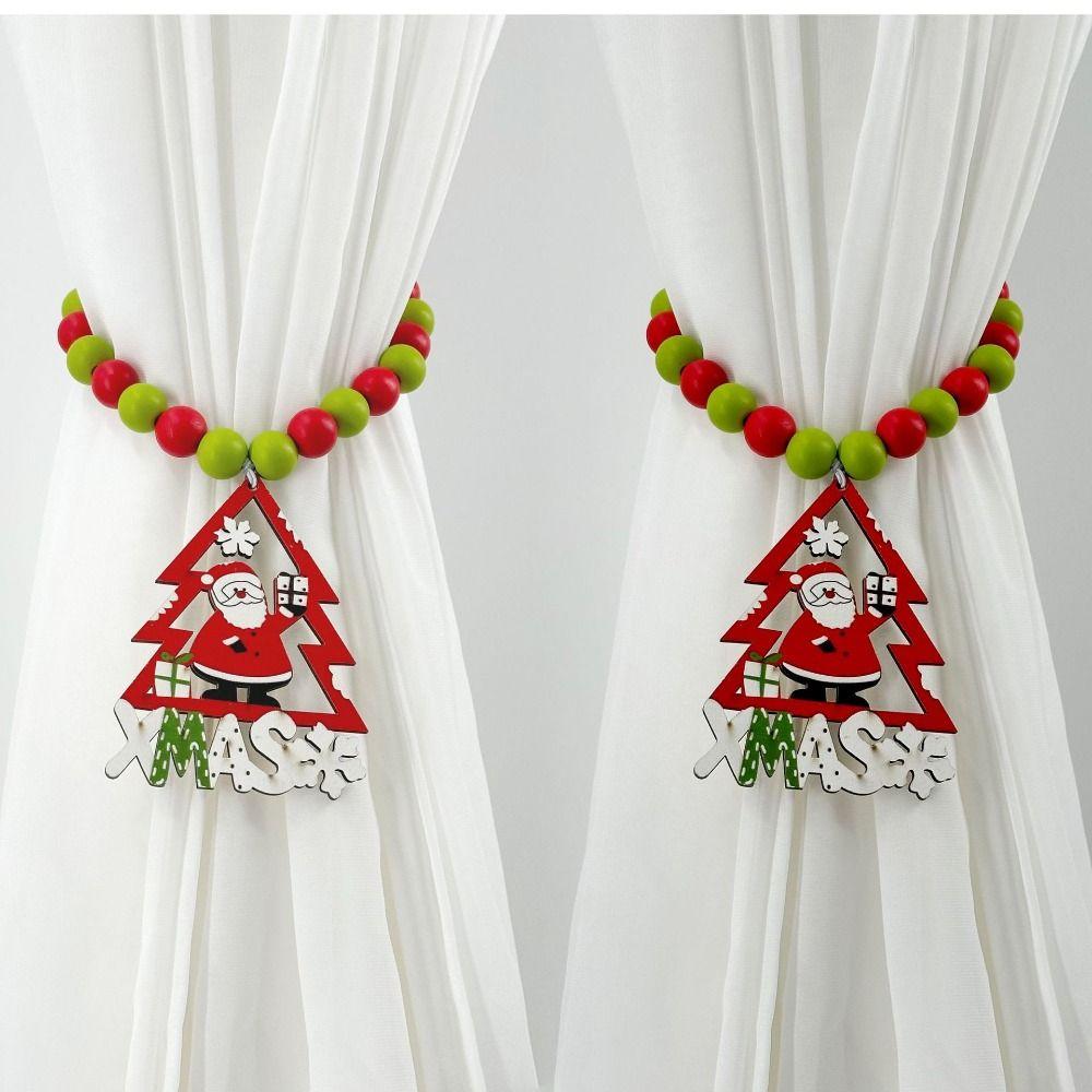 Boho Style Christmas Curtain Ties Beaded Creative Wooden Bead Curtain Holdbacks Cartoon Colorful Window Curtain Buckles
