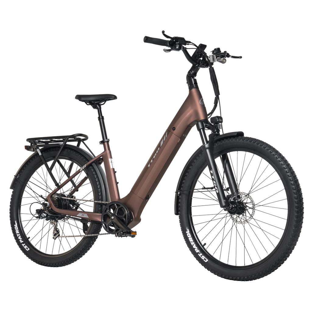 TTGO Z3: 48V15Ah charges overnight. 250W motor eco-friendly. 27.5" tires smooth. Tow seat for family