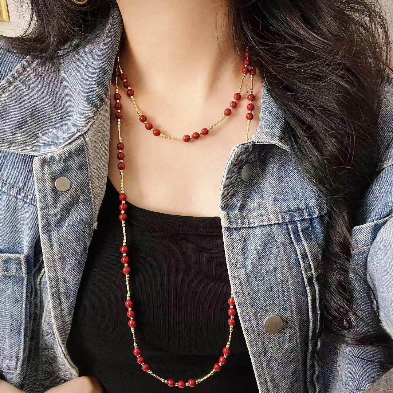 

Vintage New Year S Red Faux Cinnabar Design Sweater Chain Necklace Collarbone Chain