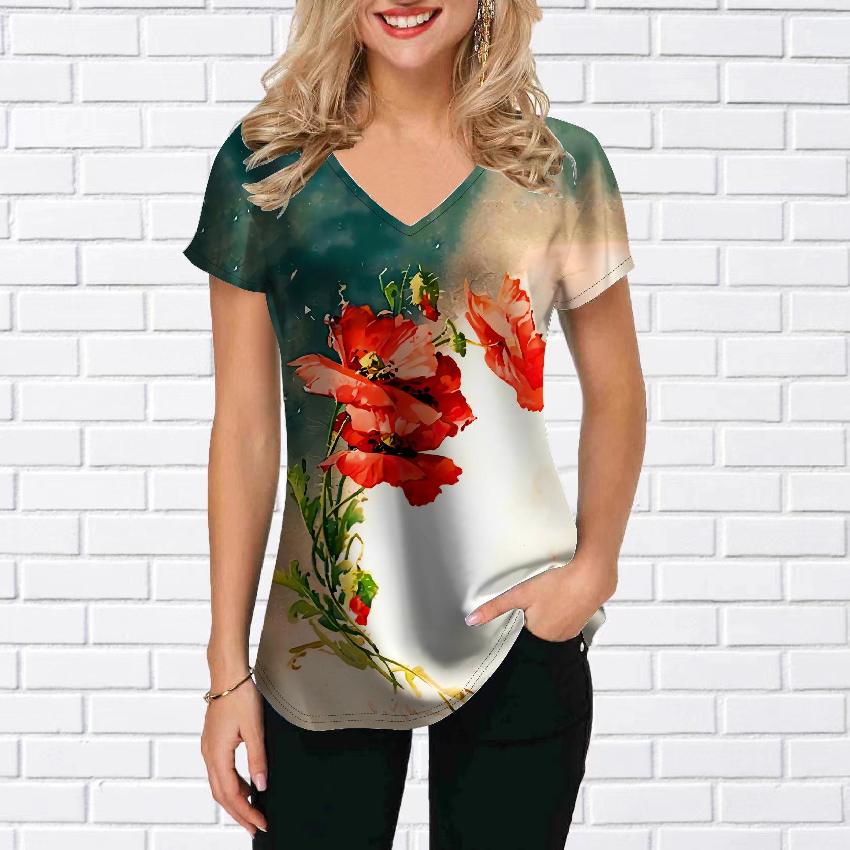 

Женские топы с v-образным вырезом, короткими рукавами и подсолнечником, листьями гинкго билоба и золотыми краями, с принтом, свободная футболка, повседневная блузка 8XL разноцветный