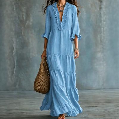 European and American Summer New Women's Clothing V-neck Solid Color Seven-quarter Sleeves, Loose Casual Long Dress with Ruffle Edge