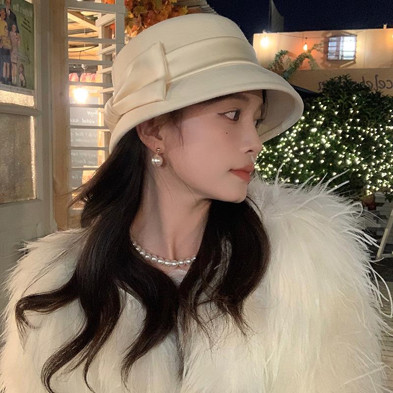 Top Hat Autumn and Winter Australian Woolen Flat Top Bow Fisherman Hat Autumn and Winter Elegant Basin Hat