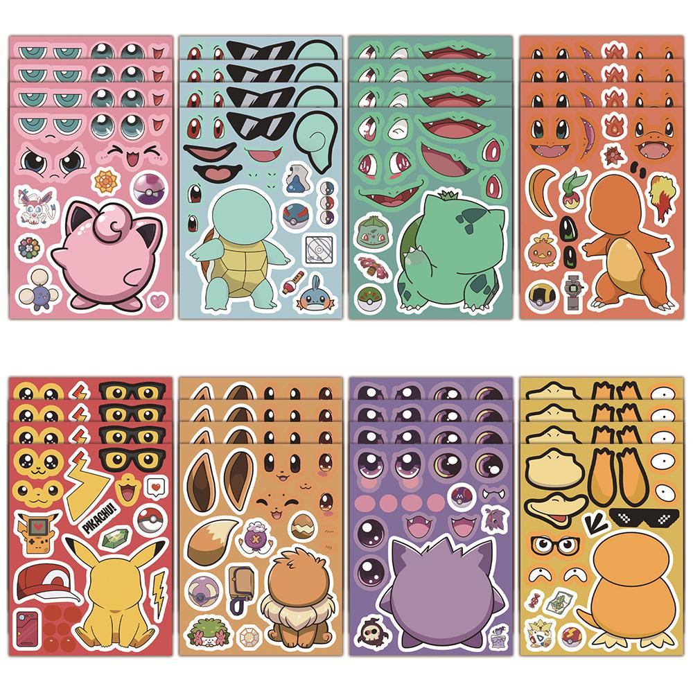 16 Sheets Anime Pokemon Make A Face Puzzle Stickers Kids Cartoon Diy Funny Assemble Jigsaw Decals Children Toys Party Gifts