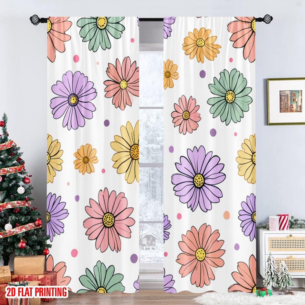 Set Of 2 Flat Printing Curtains Floral Watercolor Flower Illustration Digital Printed Polyester Drapes Festive Holiday Curtain Made