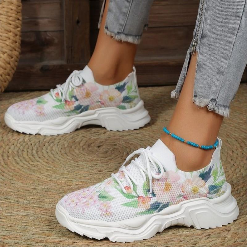 Casual Flying Woven Thick Sole Sports Shoes Women'S Flat Single Large Size Mesh Breathable Lacing Casual Sneakers Shoes  M1179