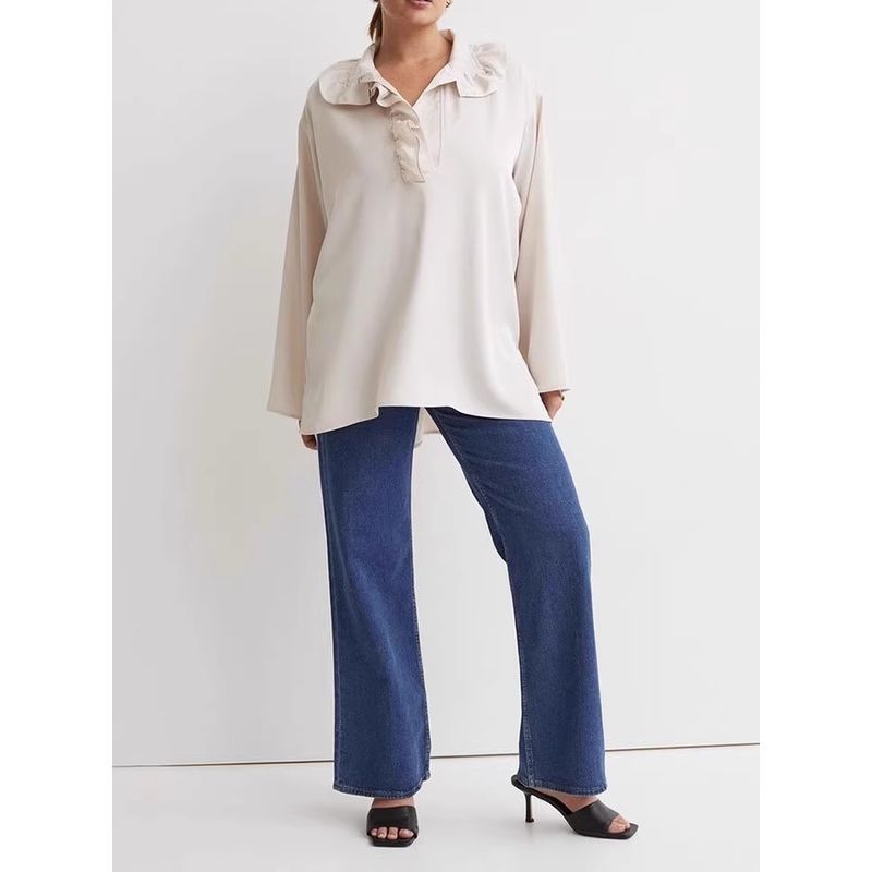 

Export Single H Home 2024 Spring New Arrival Fashion Ruffles V Neck Loose Personality Retro Long Sleeve Tops Shirt Apricot L