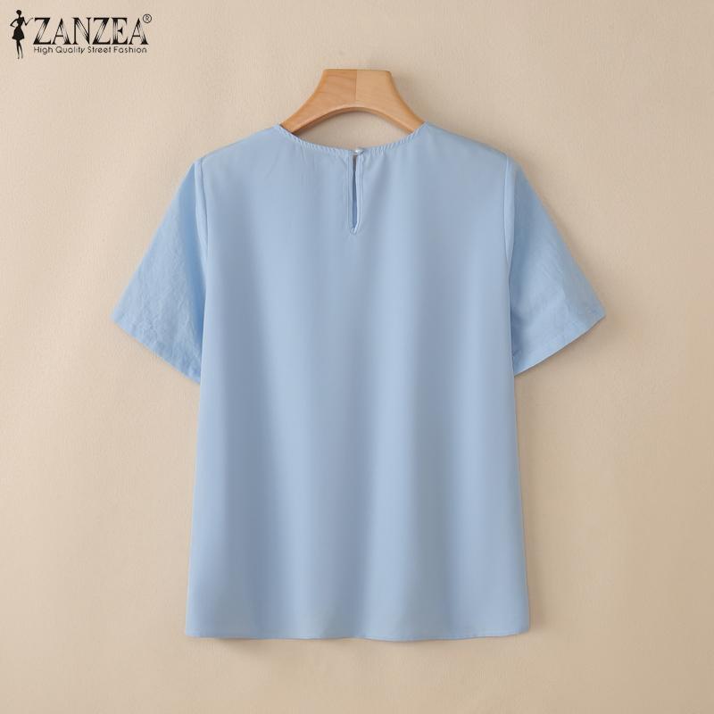 ZANZEA Damen Sommer Stickerei Lässig Rundhals Kurzarm T-Shirts