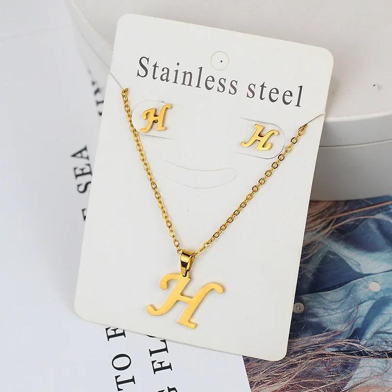 Stainless Steel Letter Necklace Bracelet Earring Zircon Set for Women Alphabet Pendant Necklace Party Gift
