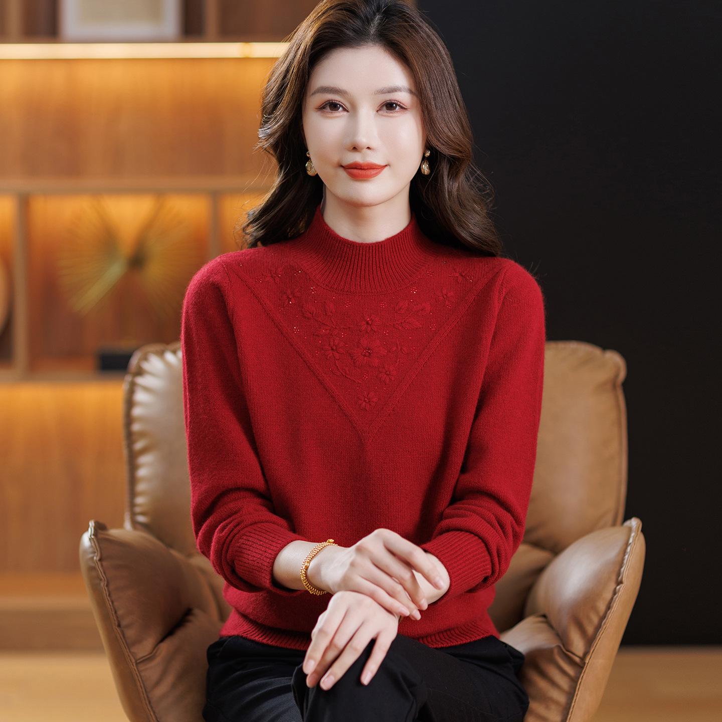 

Women s Pure Wool Half-High Collar Sweater: Autumn/Winter Base Layer for Middle-Aged & Elderly – Warm & Thick. XL (115-125 jin) червоний