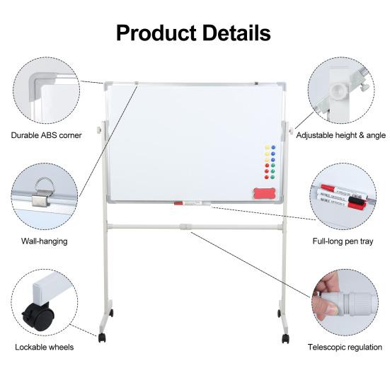 Rolling Whiteboard with Stand, Mobile Magnetic Dry Erase Board On Wheels, Adjustable Height