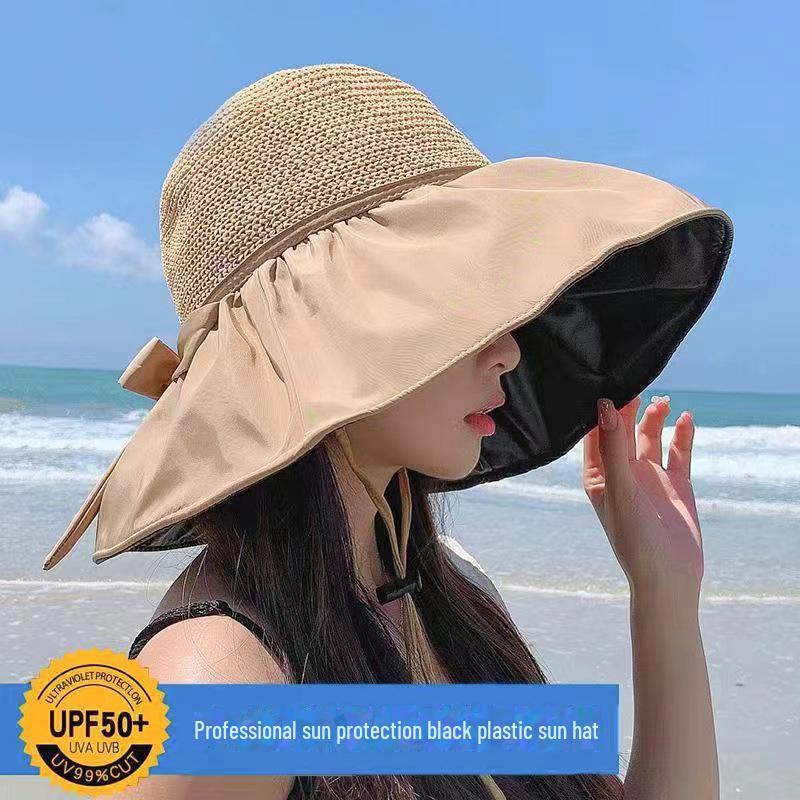 Women's Large Brim Black Sun Hat - UV Protection Summer Beach Fisherman Hat
