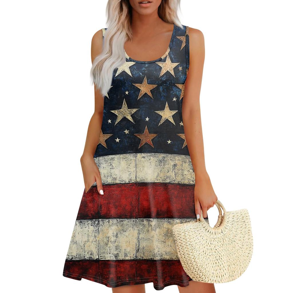 Women's Summer Casual Square Neck Independence Day Printed Dress Sleeveless Dress With Pockets