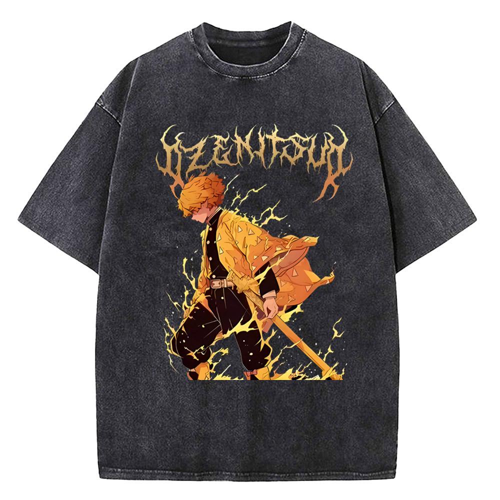 Men s Japanese Anime Demon Slayer Print Washed Cotton Men s T-shirt - Fantasy Girl Manga Style Casual T-shirt S