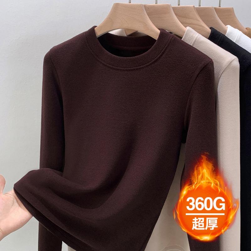 New thickened double-sided German velvet crew neck bottoming shirt for women's autumn and winter with velvet polished thermal top