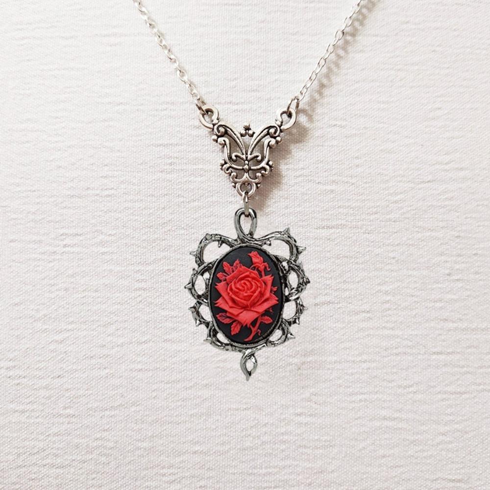 Fashion Gothic Red Rose Cameo Sliver Color Oval-shaped Thorny Frame Pendant Necklace for Women Halloween Retro Charm Jewelry