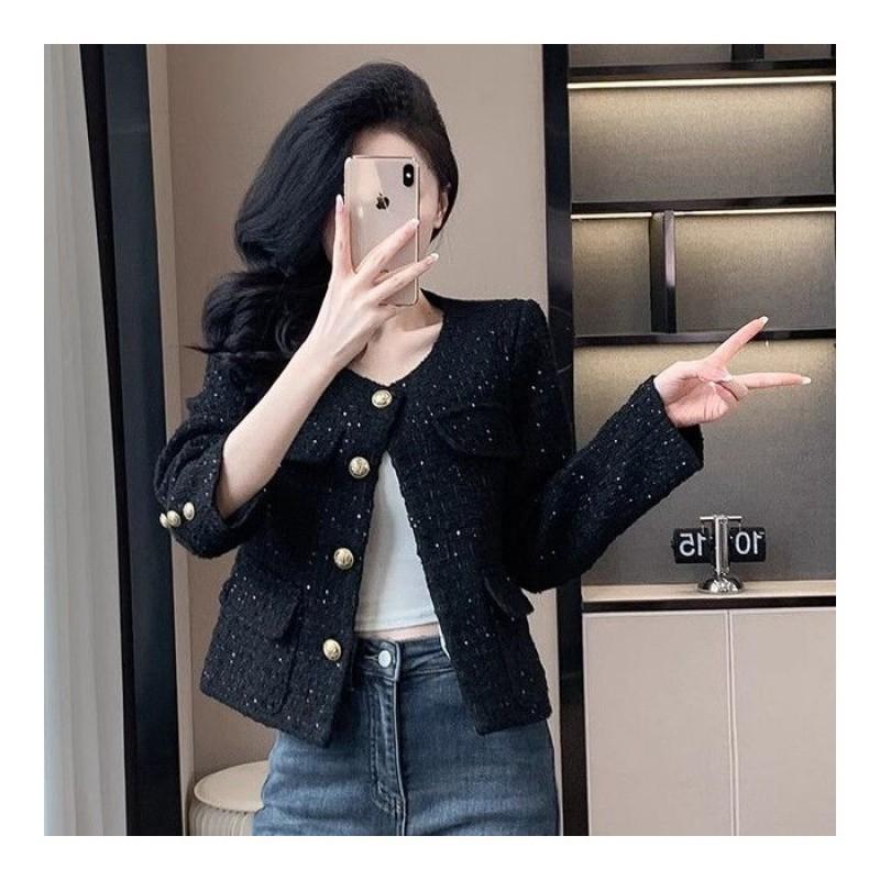 2026 Womens Short Tweed Blazer With Sequins Chic French Style Cropped Jacket Petite Figures