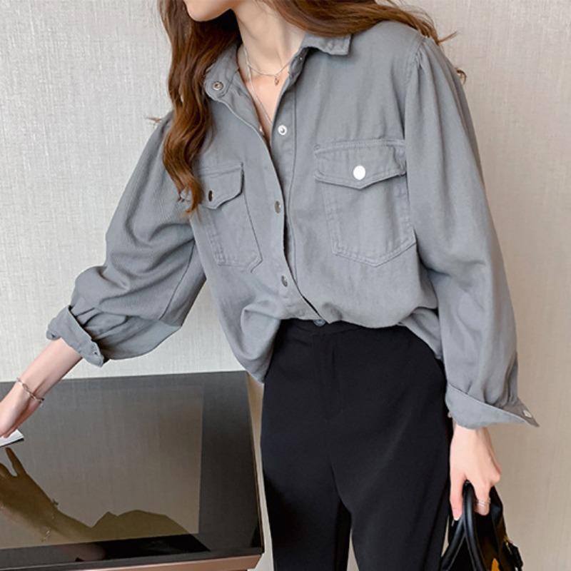 

Work Wear Denim White Shirt Women s Spring Autumn New Top Loose Versatile Long Sleeves Blouses S сірий колір