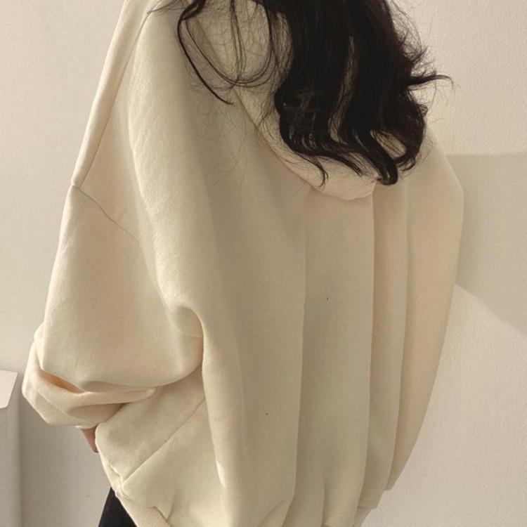 Women Loose Fashion Drop Shoulder Hooded Sweatshirt Top Large Size Solid Color Patch