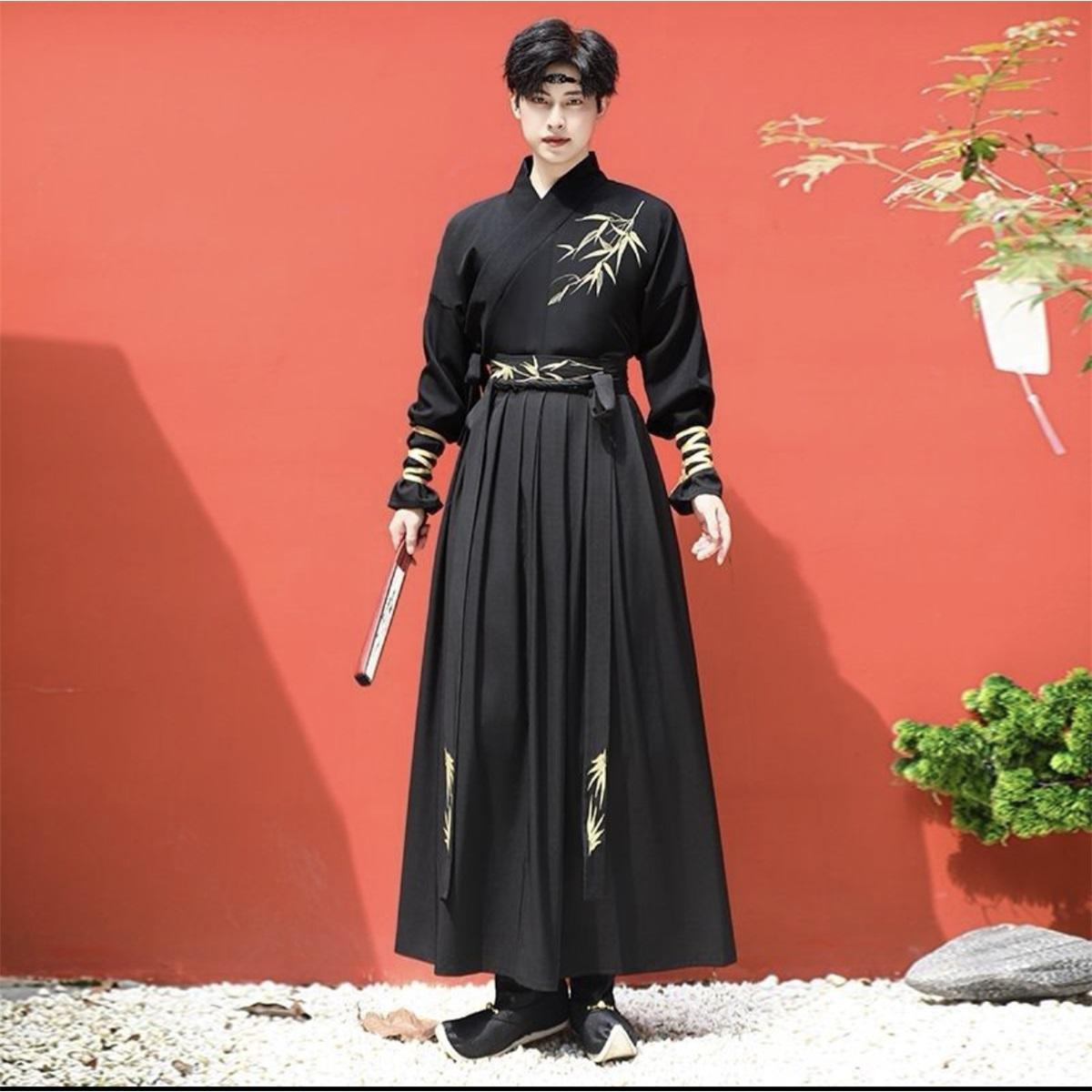 

Женский костюм Ханфу большого размера, стиль Уся, с вышивкой бамбука, с перекрестным воротником, парный костюм 2XL чёрный