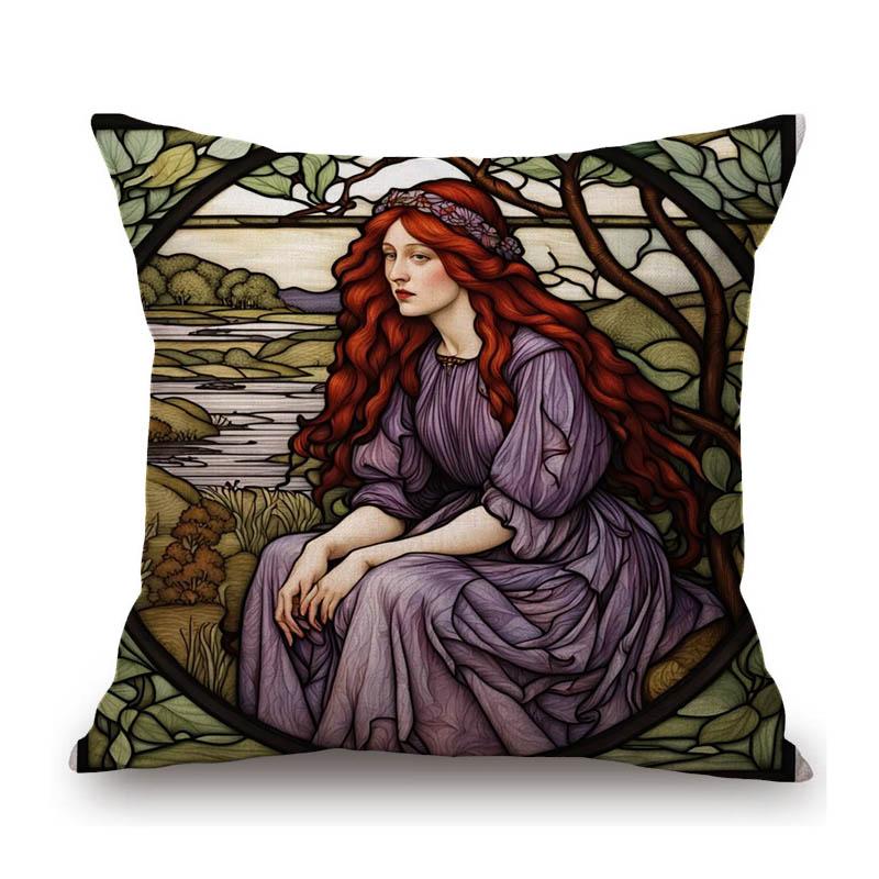 Renaissance Pre-Raphaelitism William Morris Round Stained Glass Window Elegant Lady Girl Decoration Pillow Case Cushion Cover