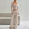 Women's Striped 2 Piece Outfits Long Sleeve Square Neck Cropped Top Drawstring Wide Leg Pants Set Casual Lounge Sweatsuits