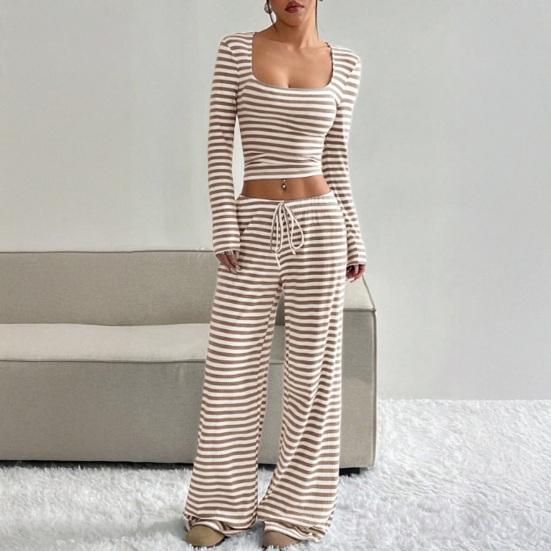 Women's Striped 2 Piece Outfits Long Sleeve Square Neck Cropped Top Drawstring Wide Leg Pants Set Casual Lounge Sweatsuits
