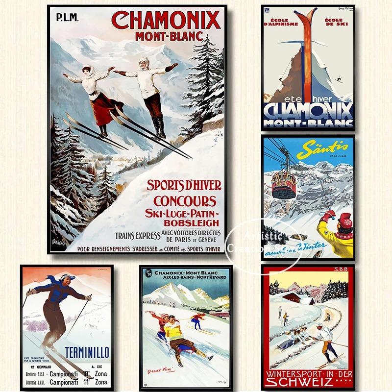 

Vintage Ski Travel Poster Canvas Print Chamonix Mont Blanc Wall Art for Modern Bedroom Decor Skiing Picture Gifts 21cm×30cm NoFrame