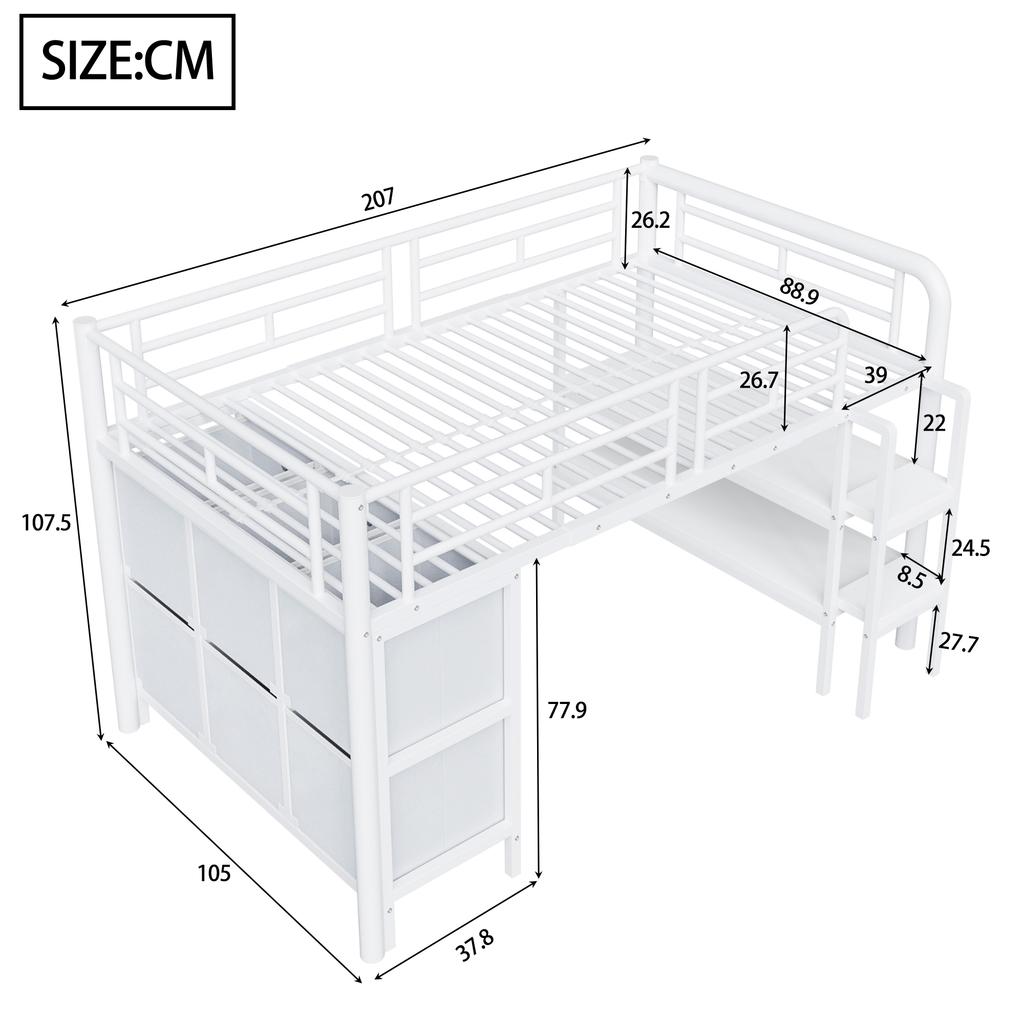 Children's bed 90x200 metal loft bed with storage, wide stairs, rounded corners, drawers and shelves for space-saving organization in the room, white