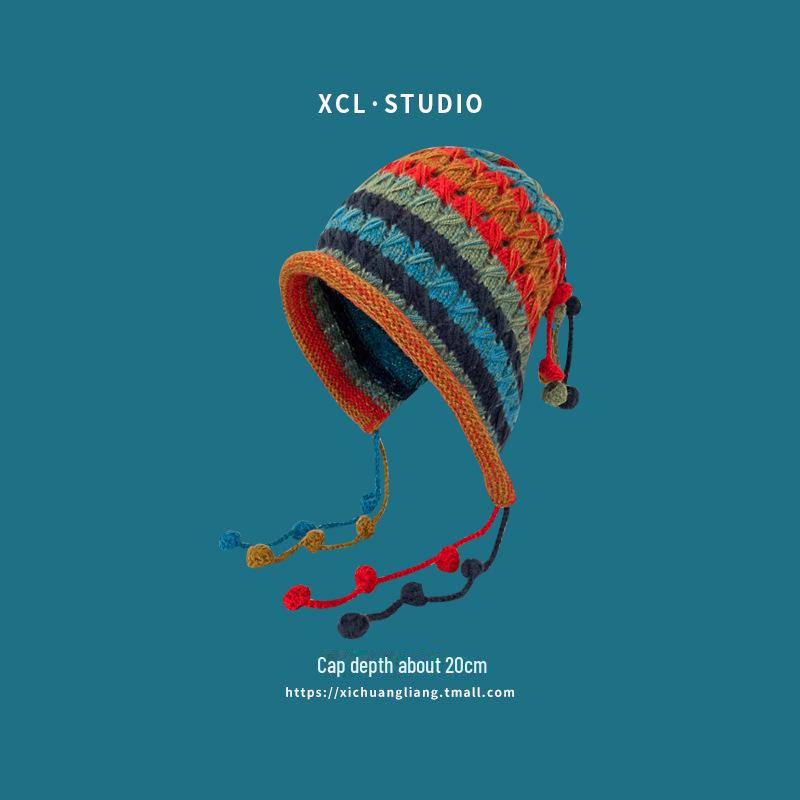 Colorful, Warm Wool Hat with Large Circumference and Cute Autumn-Winter Earmuffs