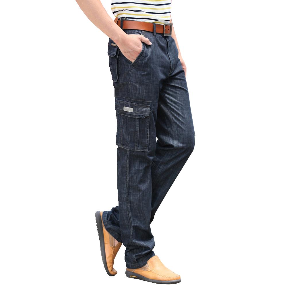 Mens Jeans Cargo Denim Pants Regular Loose Fit Multi Pockets Classic Washed Military Wear