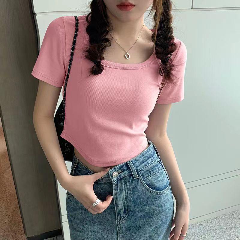 Women's Slim Fit Square Neck Short-Sleeve Tee - Summer Thin, Figure-Flattering, Pure Style, Plain Color Trendy Top