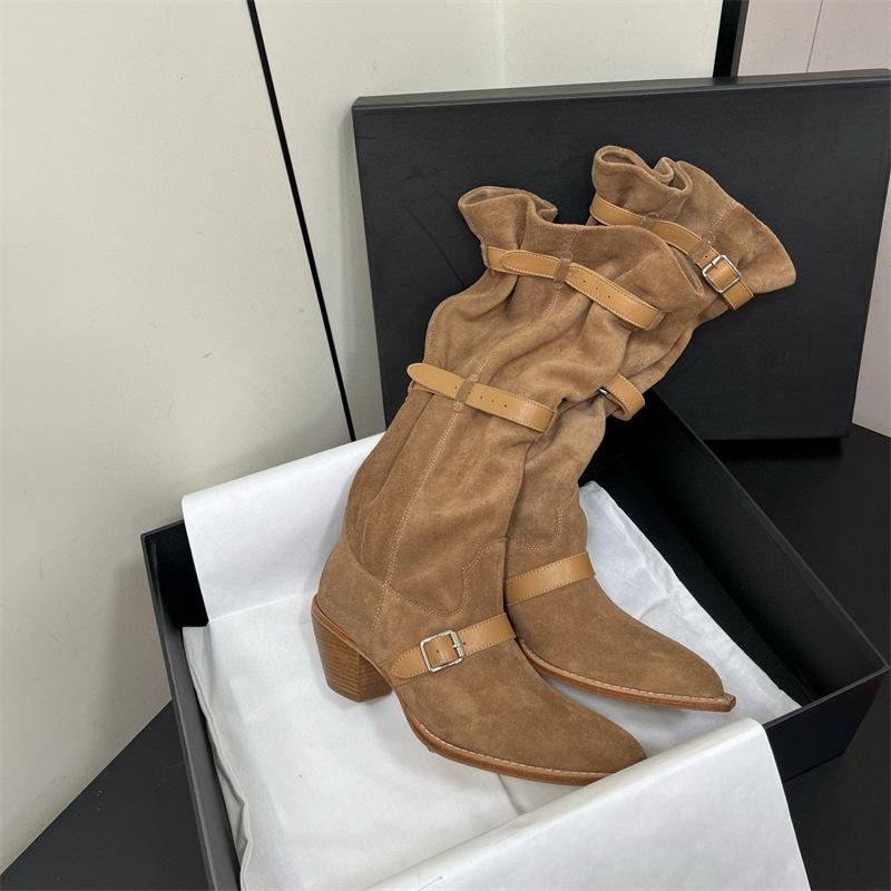 

Fashion Vintage Pleated Belt Buckle Faux Suede Women Knee High Boots Autumn Winter Fashion High heels Western Cowboy Knight Boots Shoes 40 коричневый