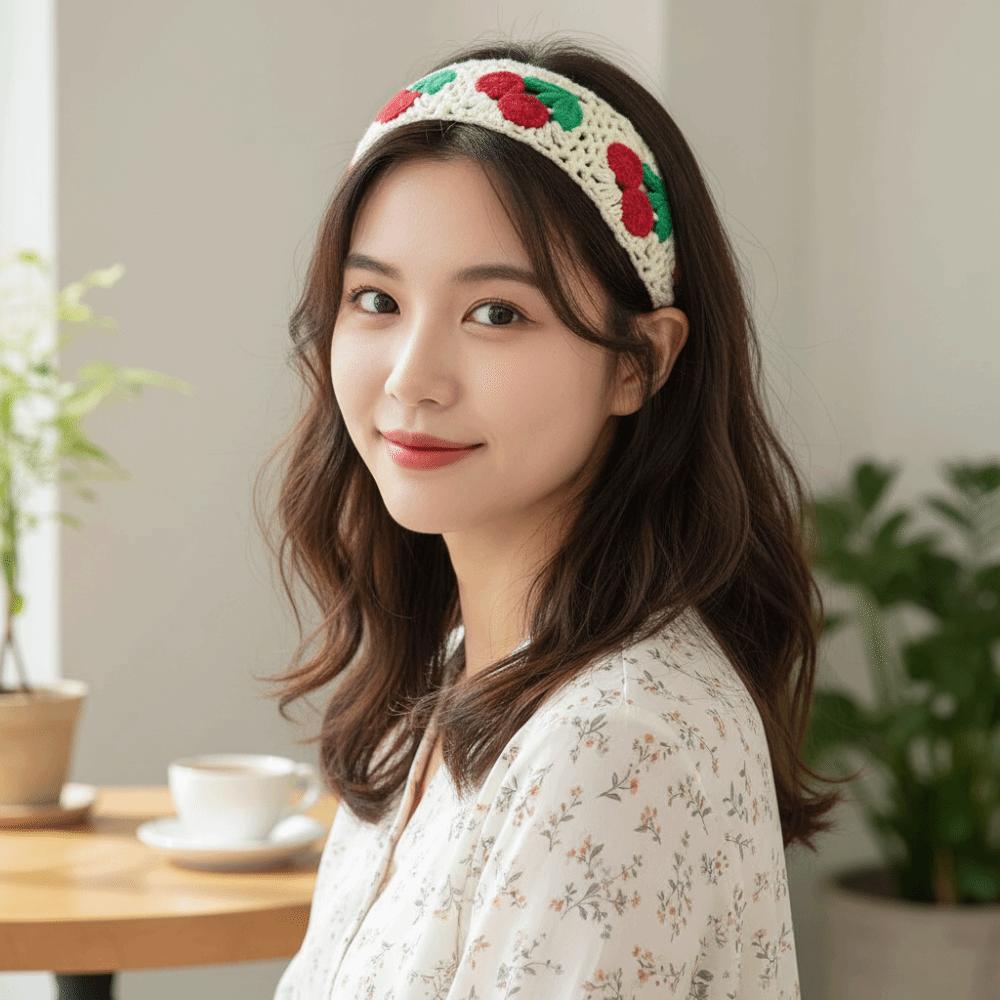 Cherry Knitted Knitted Headband Flower Elastic Flower Headband Vintage Wide Elastic Headband Hair Accessories