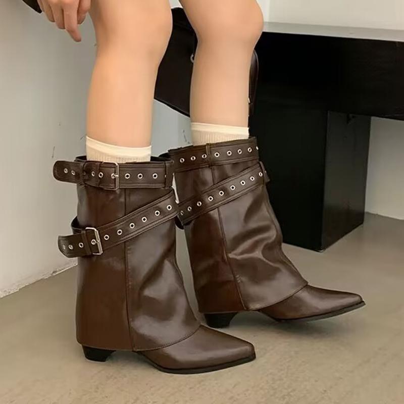 

Fashion Punk Belt Buckle Pointed Toe Mid Calf Boots Women Fashion Thick Heel Wide Leg Pants Boots Woman Autumn Winter Pu Leather Botas 35 коричневый