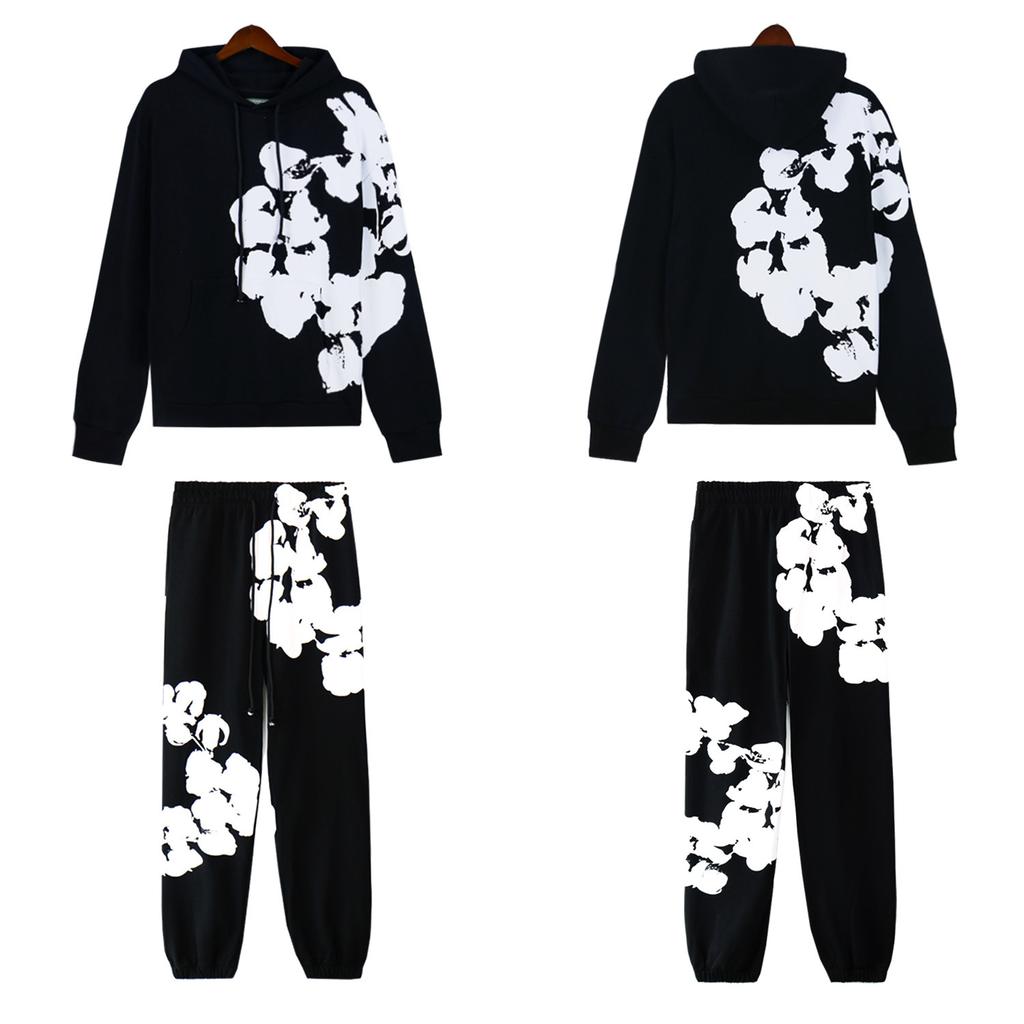 European and American New Sweater DENIM Large Print Pattern Hooded Top Men and Women the Same Sports and Leisure Loose Suit