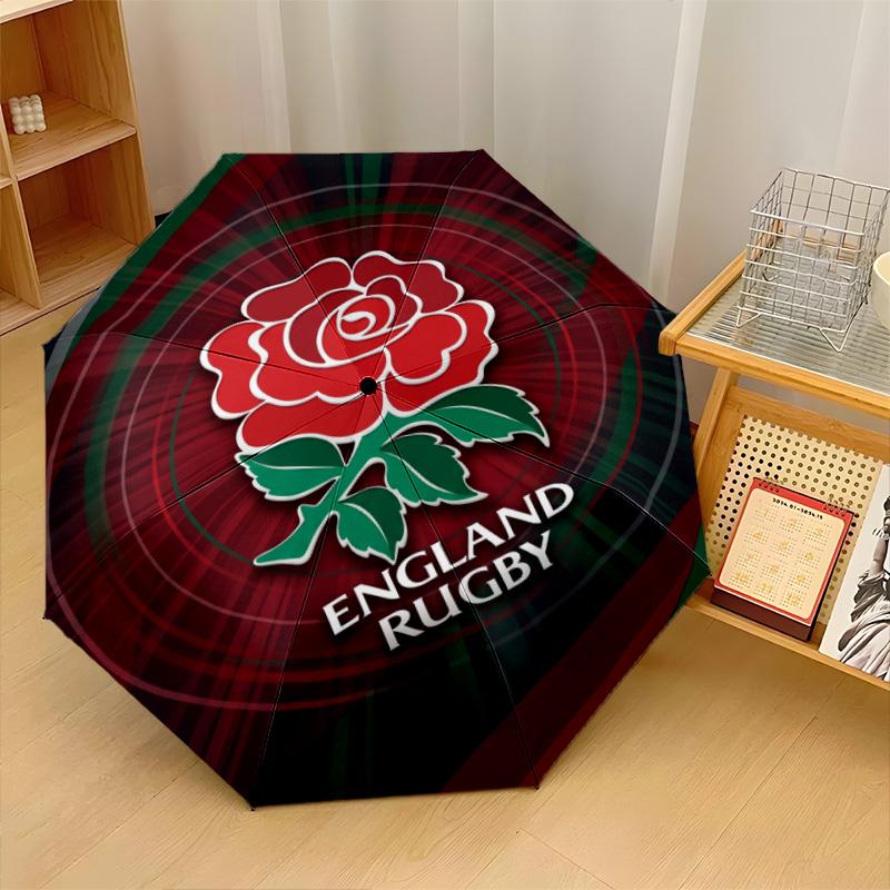 England Rugby Print Auto 8?Ribs Folding Umbrella Wind Resistant Lightweight Automatic Umbrella For Daily Travel